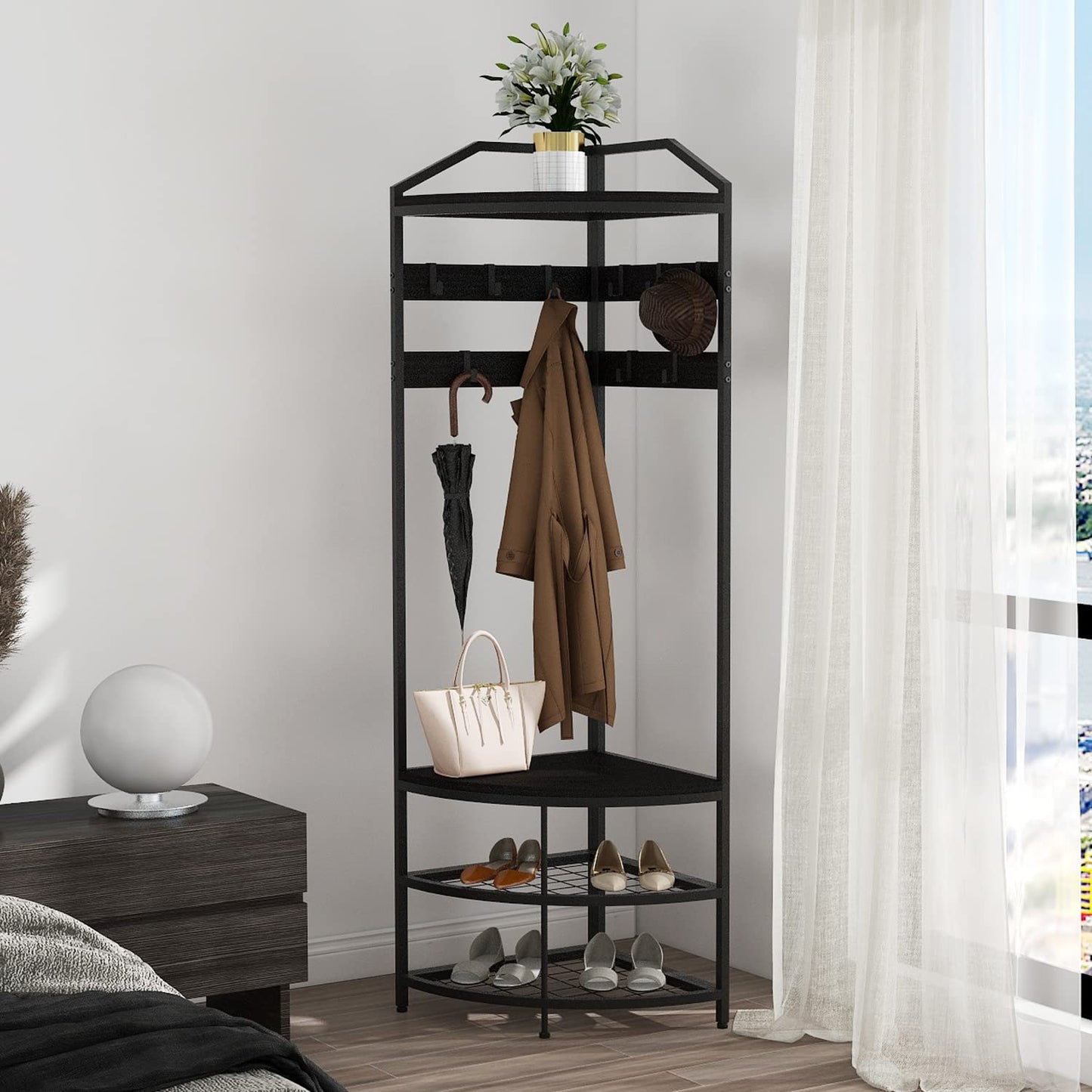 VEDECASA Coat Rack Stand with Shoe Storage Bench Free Standing Corner Hall Tree 4-Tier Corner Clothes Rack with 10 Metal Movable Hooks and Wooden