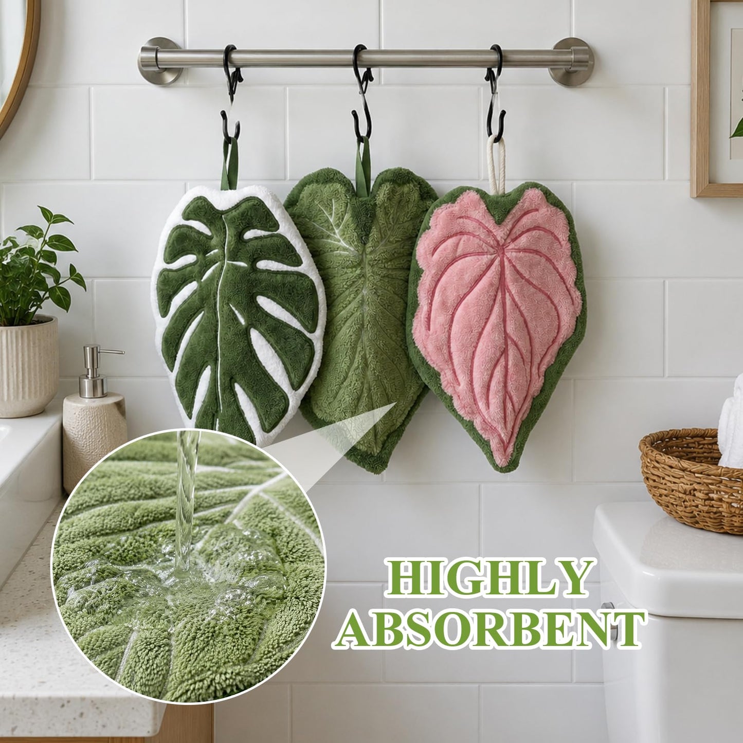 FloralGrace Kreative Blatt Towels 3-Piece Set Hanging Kitchen Cloths, Cute Coral Fleece Tropical Plant Fabric, Absorbent, Quick Drying, And Lint-Free