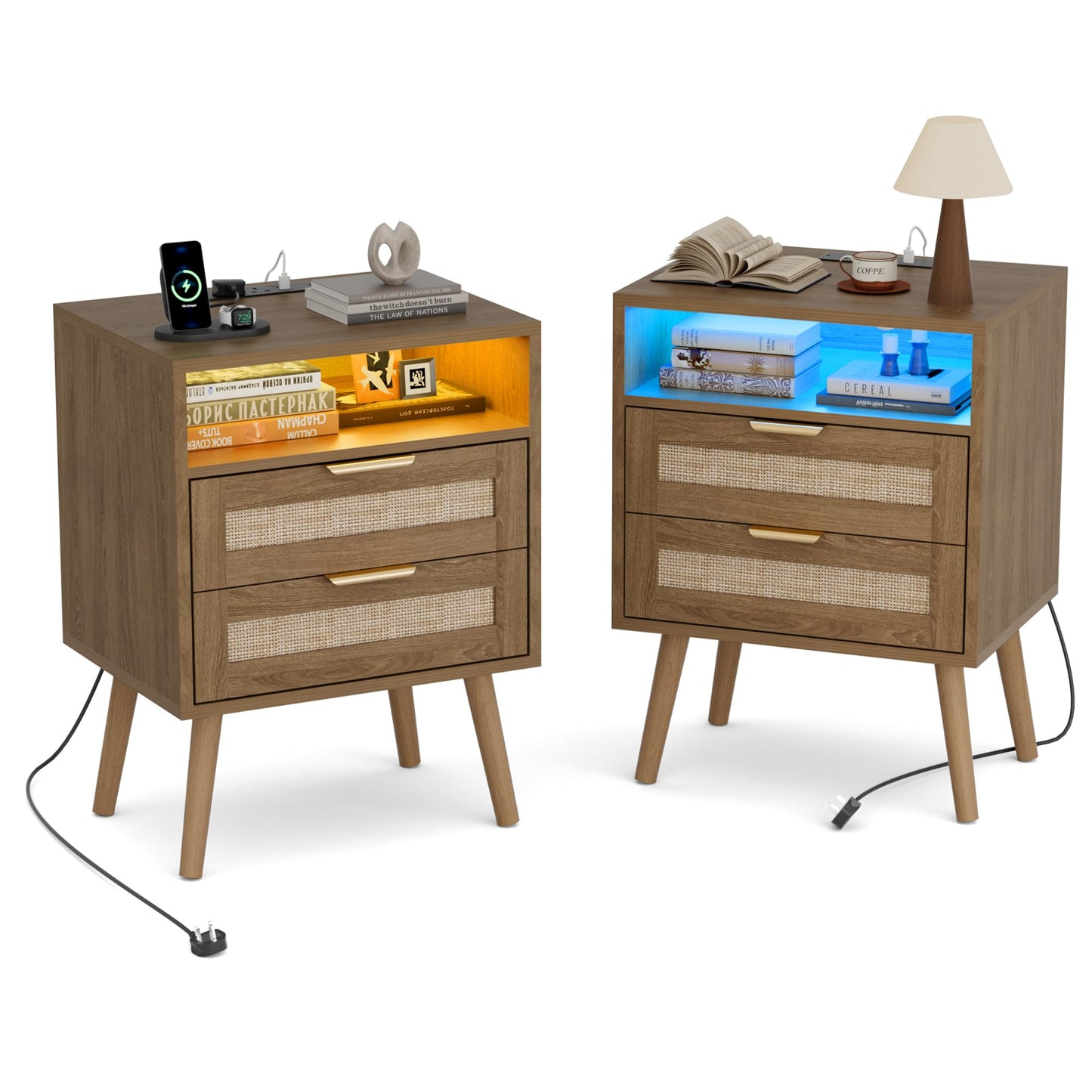 BonVache Bedside Tables Set of 2, Adjustable Lighting, Nightstand with LED Lights and Charging Station, Open Compartment and 2 Rattan Drawers