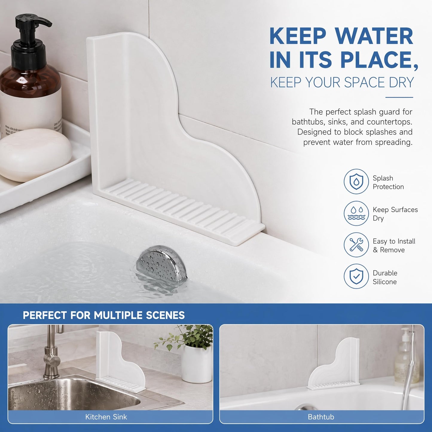 TUNEYA Silicone Bathtub Splash Guard with Suction Cups, White