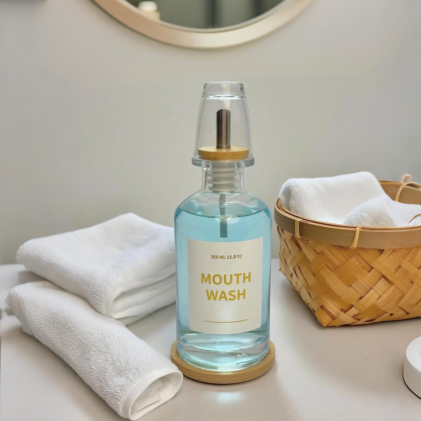 Yumzxin 11.8OZ Glass Mouthwash Bottle with Bamboo Tray & Stainless Steel Nozzle, Refillable Bathroom Organizer, Essential Oil Dispenser