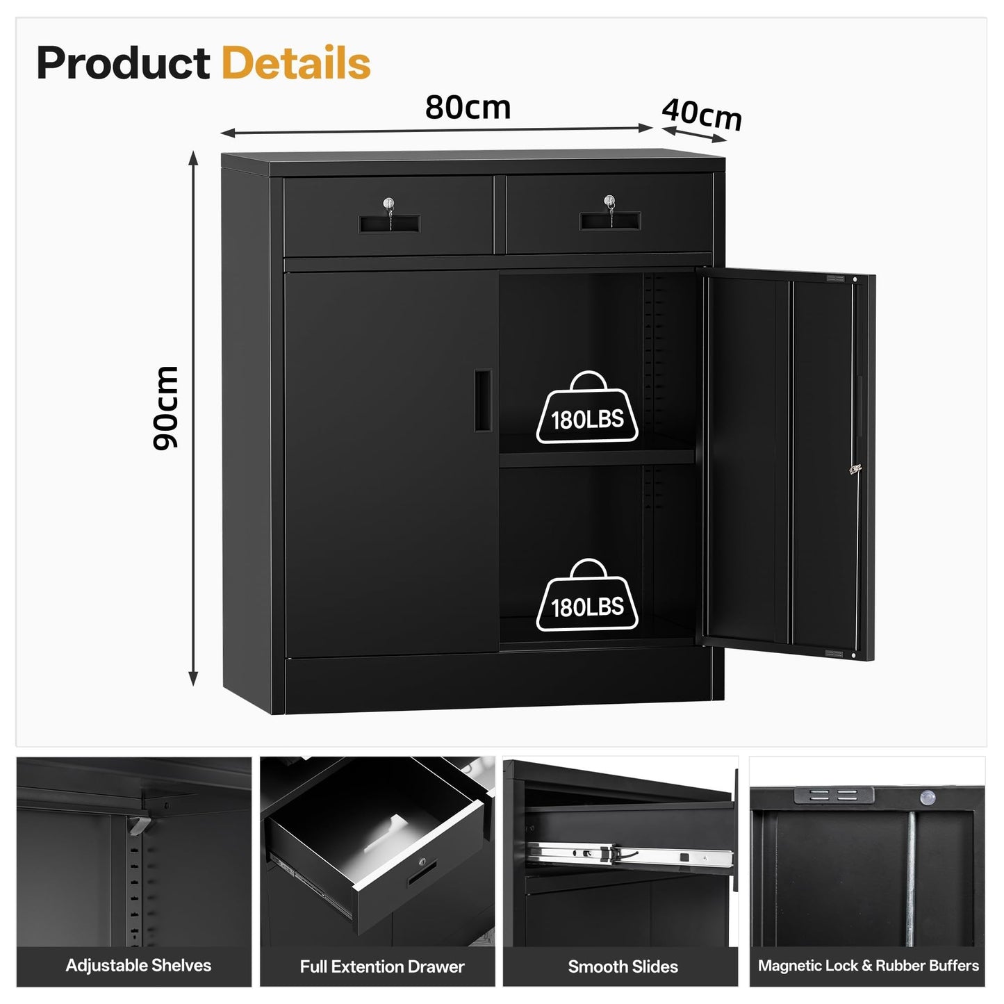 Metal Storage Cabinet, 90cm Locking Storage Cabinet with Doors, Steel Storage Cabinet with 2 Drawers and Adjustable Shelf for Garage, Home, Office