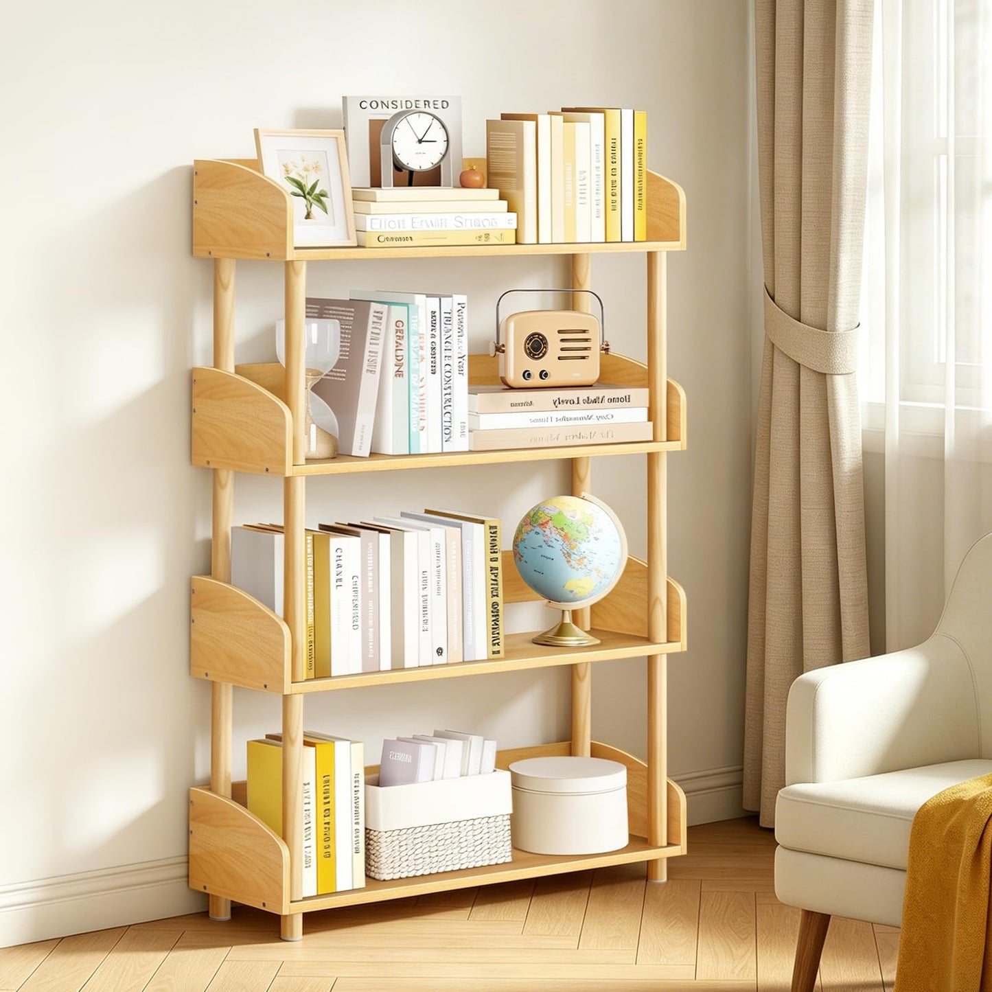 OUTONLIFE 4-Tier Wooden Open Bookcase, Modern Display Bookshelf with Solid Wood Frame and Rounded Corner Design, Storage Organizer for Living Room