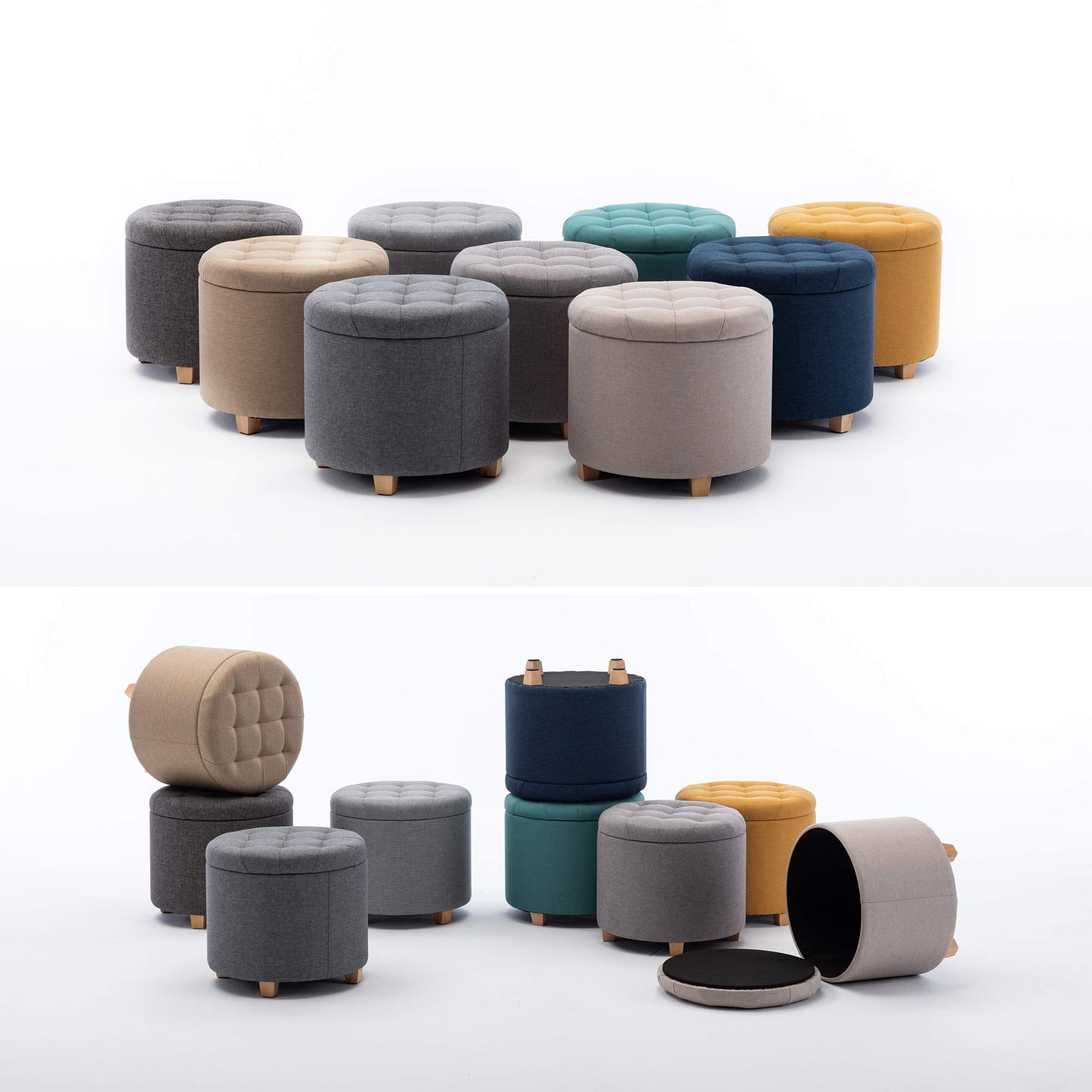 HNNHOME 45cm Round Linen Padded Seat Ottoman Storage Stool Box, Footstool Pouffes Chair with Lids (Pearl River)