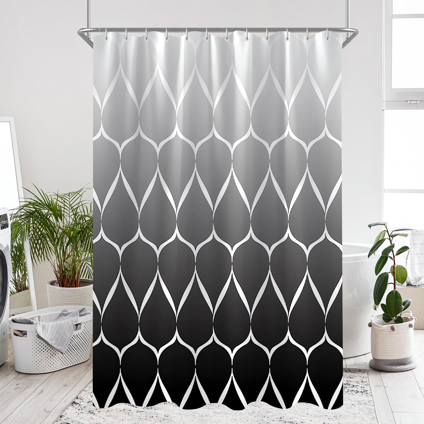 Shower Curtain 300 x 200 cm Gradient Black Water Drops, Weighted Hem, Anti-Mould Textile, Water-Repellent