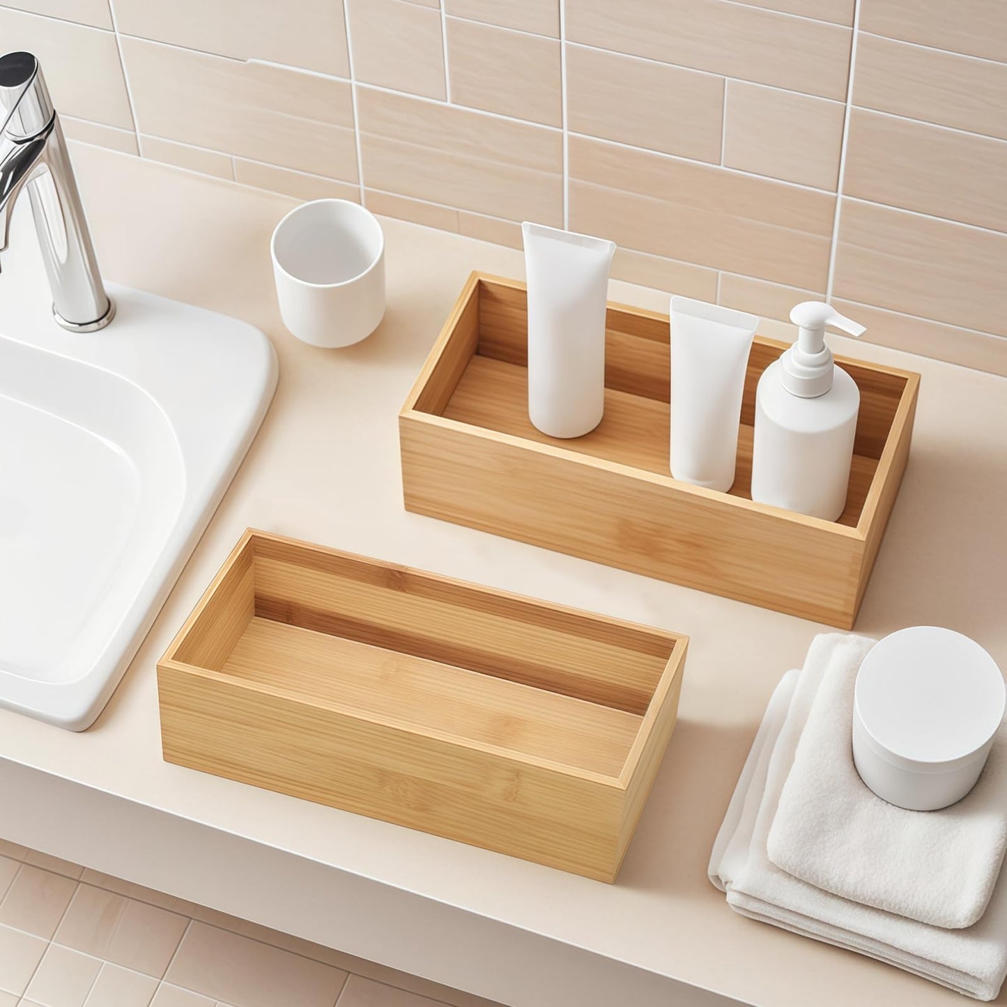 Packool Rectangular Design, Natural Wood Color, 8.7 x 3.9 x 2 in / 22 x 10 x 5 cm, Multi-Purpose Organizer for Bathroom, Kitchen, Desk