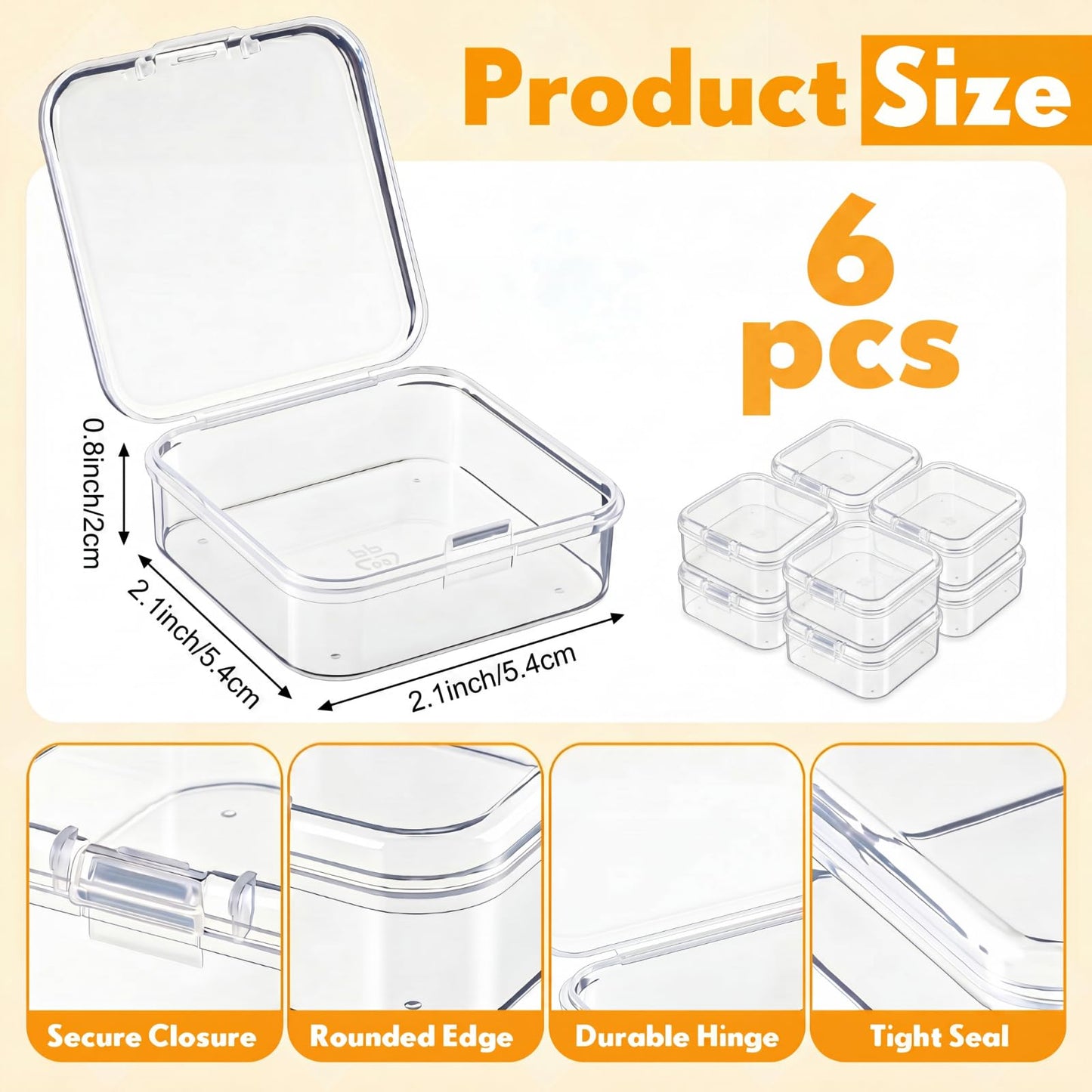Jetec 6 Pieces Small Clear Plastic Storage Box,2.1 X 2.1 X 0.8 Inch
