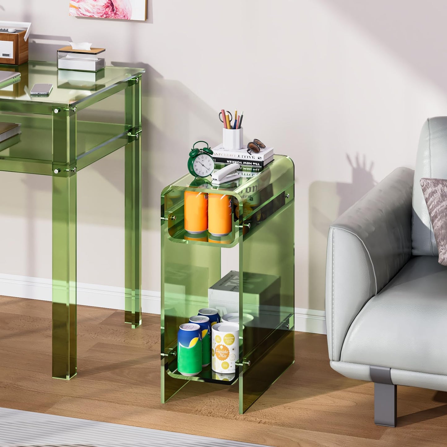 Dewrhiixe Clear Acrylic Side Table Narrow, Slim End Table for Small Spaces, Skinny Nightstand Bedside Table for Bedroom, Living Room, Office