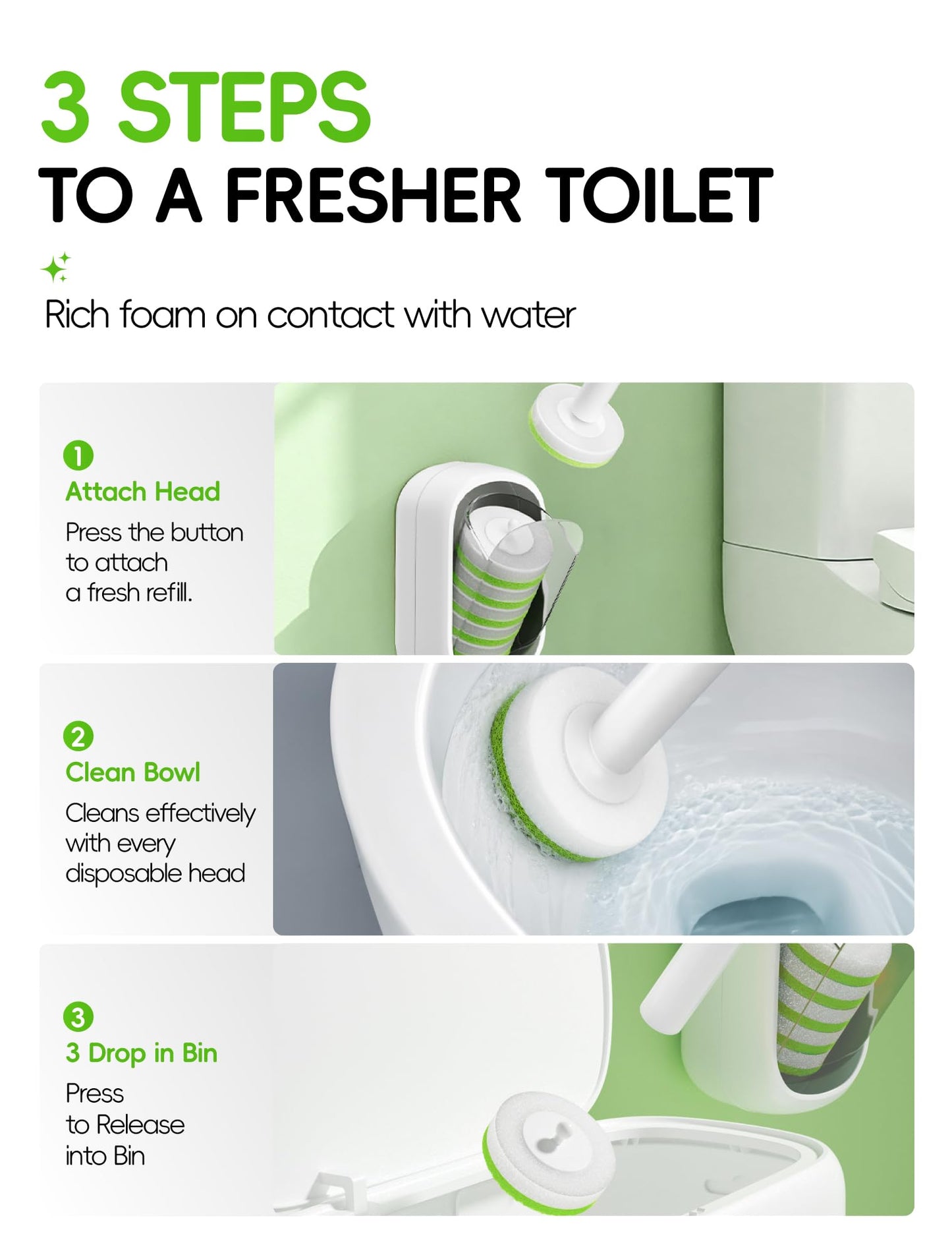 Disposable Toilet Brush Set, Wall-Mounted Toilet Cleaning Wand Kit with 48 Refill Heads, Toilet Bowl Brush and Holder Set, White and Green