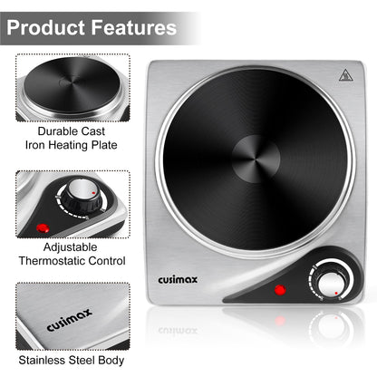 CUSIMAX Hot Plate for Electric Cooking Portable Single Hob, Cooktop Table Top Hob with Cast Iron Hob Rings Electric Burner with Temperature Control,