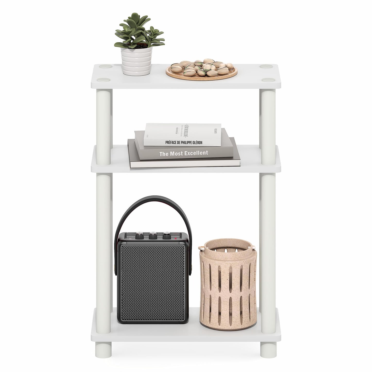 Furinno TURN-N-TUBE Narrow Side Table, 3-Tier Rectangular Modern End Table with Storage Shelf, Slim Toolless Assembly Nightstand, Night Stand