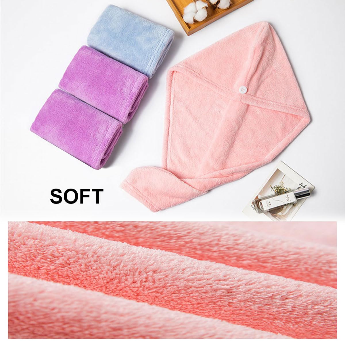 Comioke Hair Turban, Hair Towel Wrap, 3 Pack Head Towelling, Super Absorbent Twist Turban, Soft and Anti Frizz Head Towel with Button