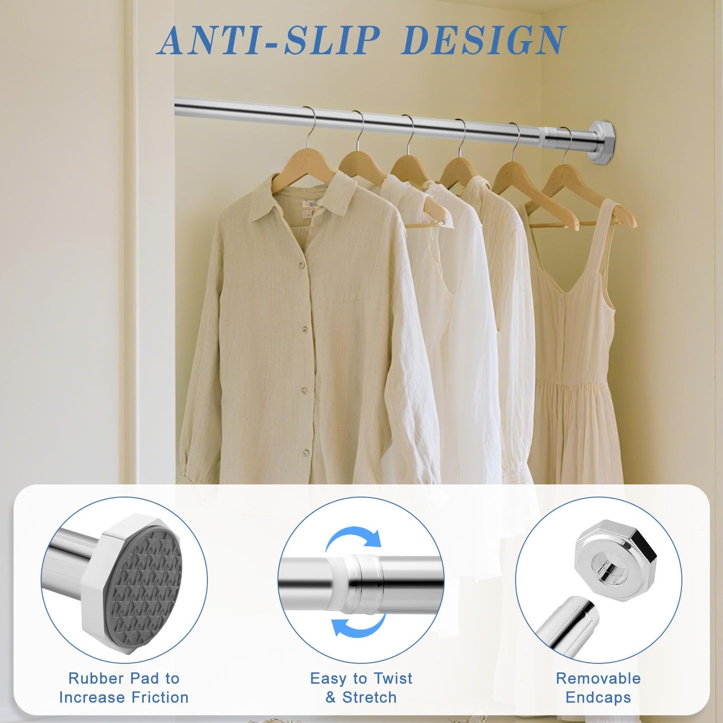 DEWEL Stainless Steel Shower Curtain Pole, 130-230cm Extendable No Drill Shower Curtain Rod Net Voile Curtains Rail