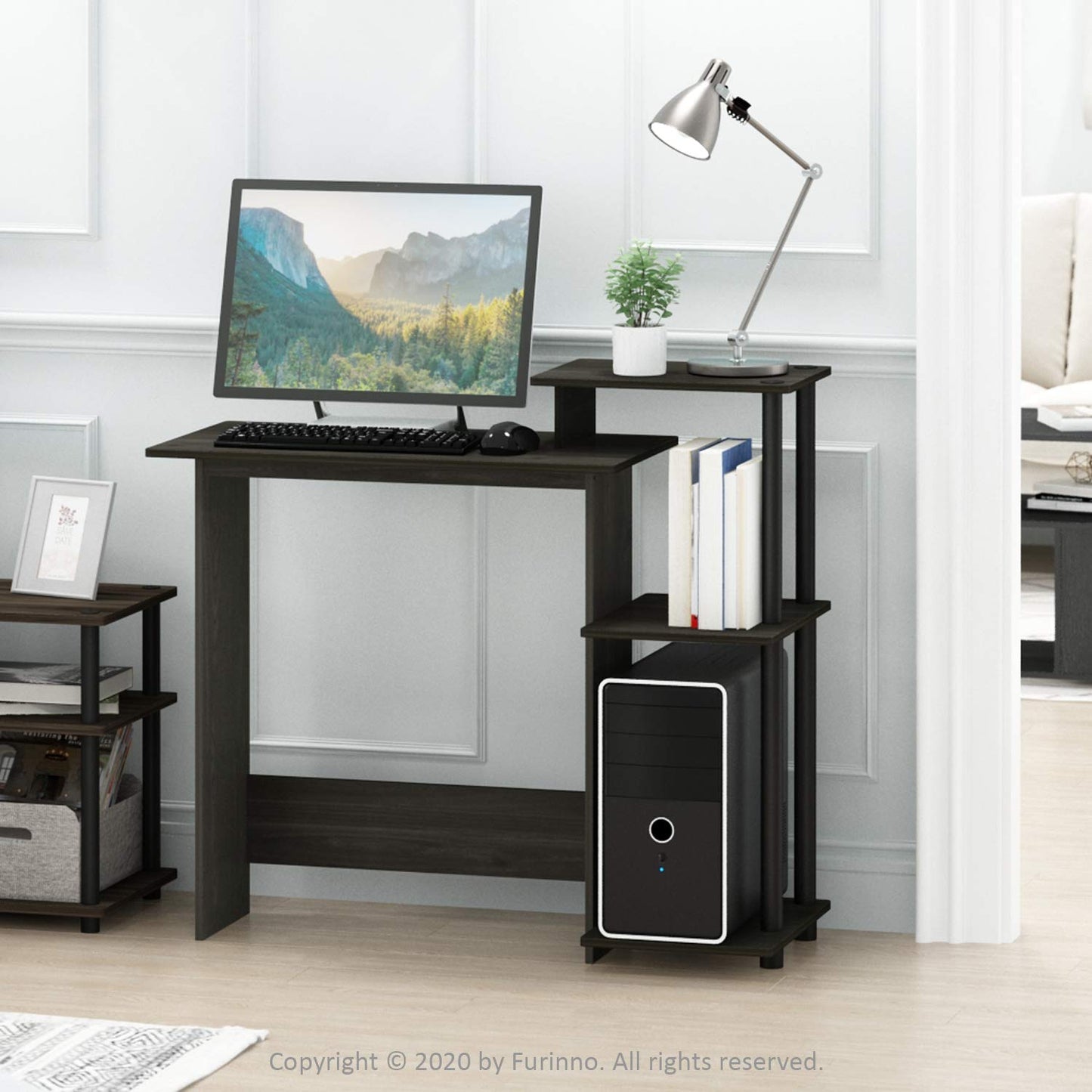 Furinno EFFICIENT Desk, Gaming Desk, with 3 Open Side Shelves, Laptop Notebook Computer Desk,Office Desk for Home Office, Study Room, Dorm, Espresso