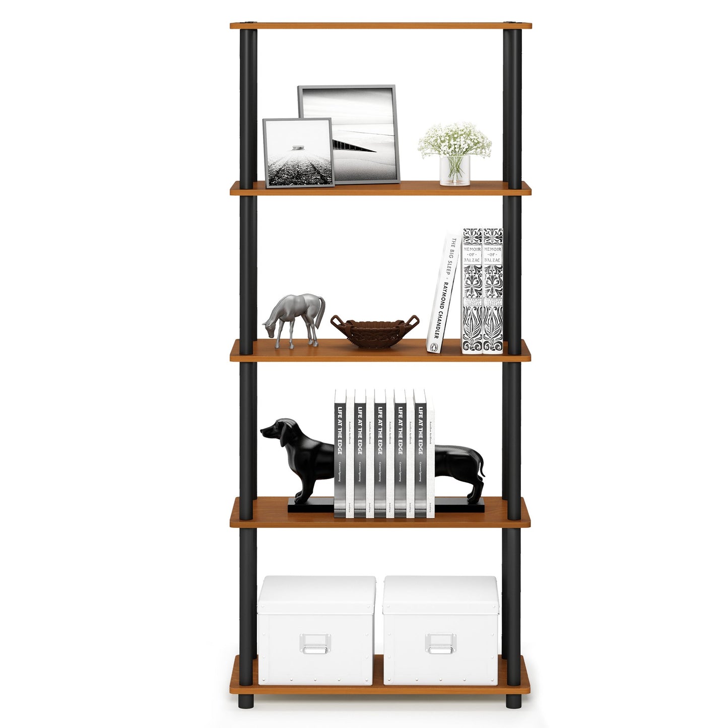 Furinno TURN-N-TUBE Toolless Assembly 5-Tier Storage Shelves, Oak Book Shelf, Open Storage Bookshelf, for Organization and Storage, Living Room