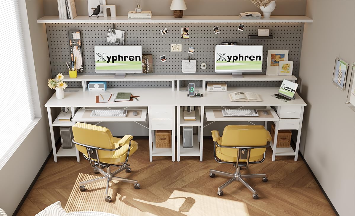 Xyphren Computer Desk with Drawers, 120x50cm Office Desk with Keyboard Tray with Power Outlet & Monitor Stand