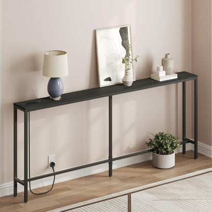 MAHANCRIS Console Table with Power Outlet, 200 CM Narrow Sofa Table, Industrial Entryway with USB Ports, Behind Couch Table for Entryway, Hallway,