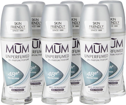 Mum Unperfumed Roll On Deodorant, 48 Hours Plus Protection, Alcohol Free Womens Mens Deodorant, Anti-Perspirant, Vegan, Sustainable Glass Bottle,