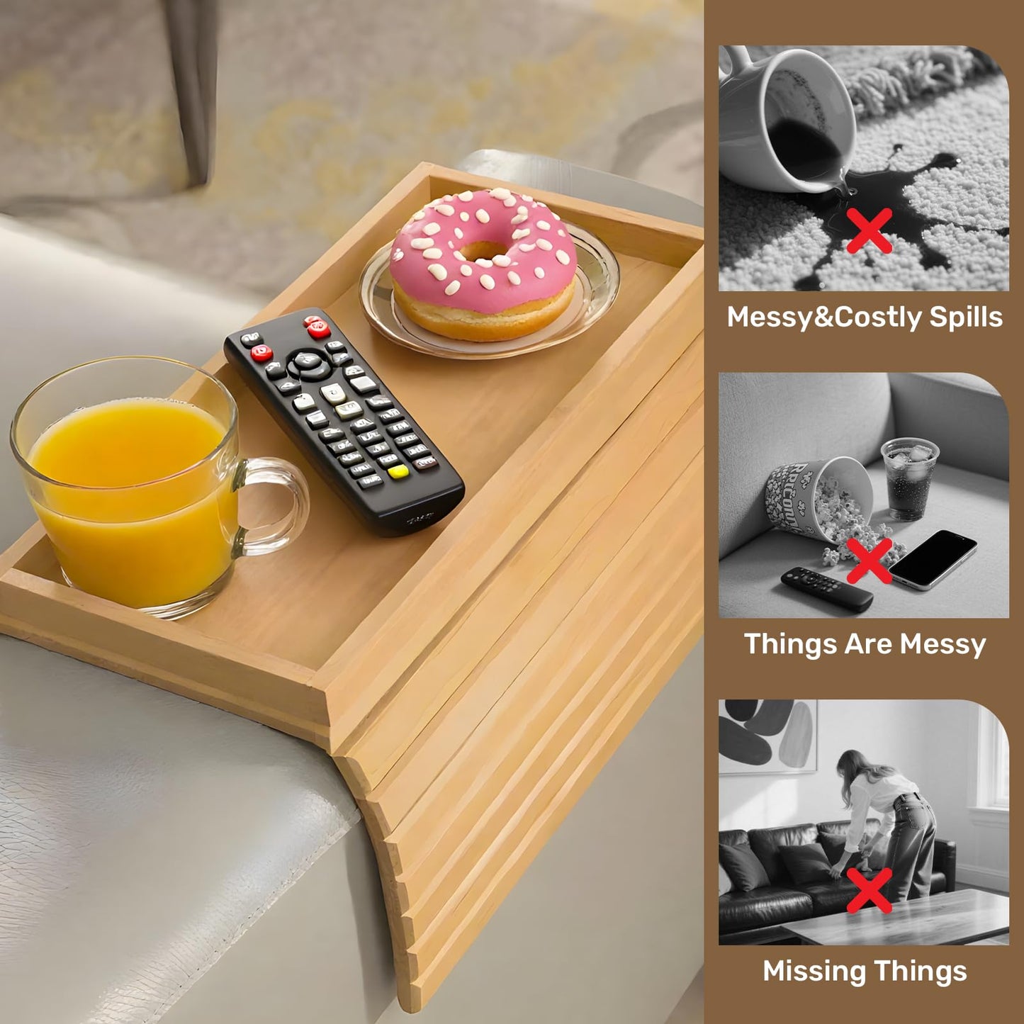 ULIKEUS Bamboo Sofa Arm Tray Foldable Couch Cup Holder Anti-Slip Armrest Organizer Sofa Side Table for Control, Drink, Snacks, Cups