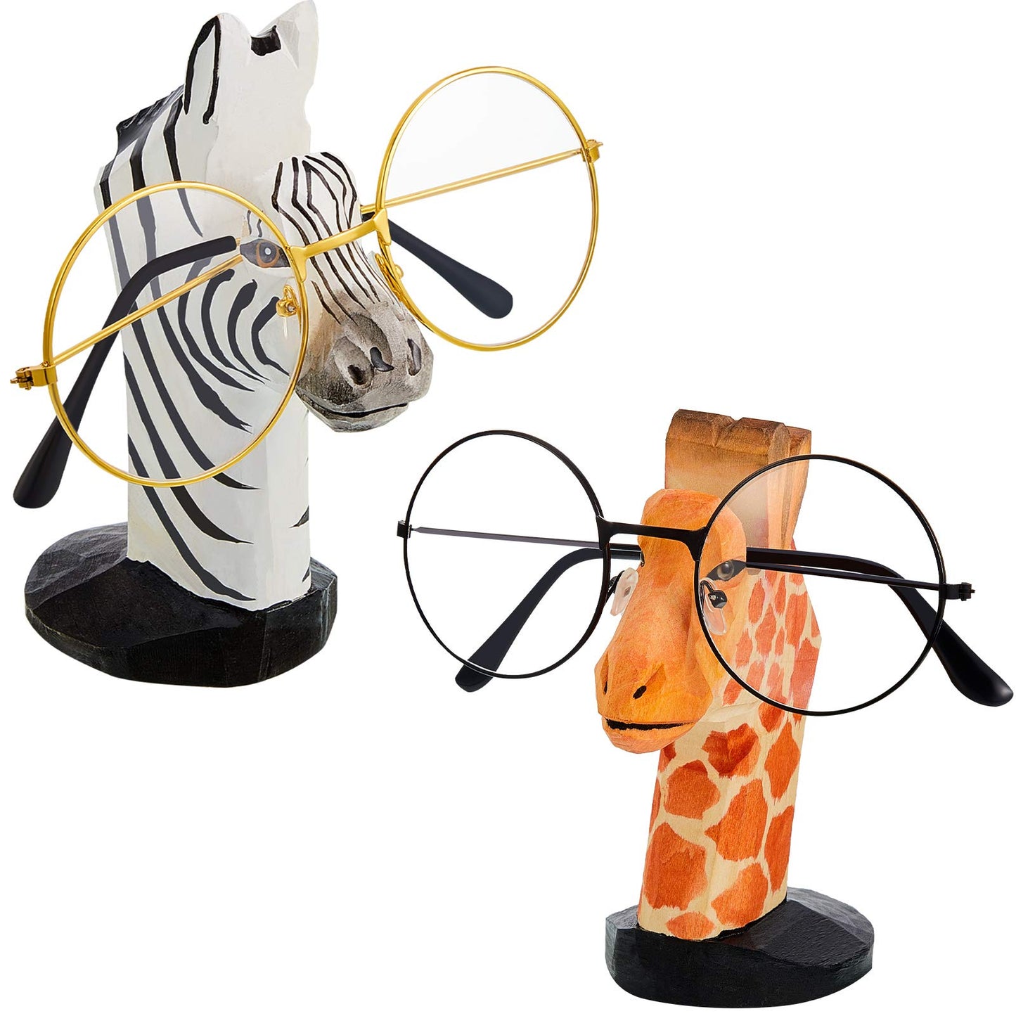 Weewooday 2 Pcs Wooden Animal Eyeglass Holder Hand Carved,Giraffe, Zebra
