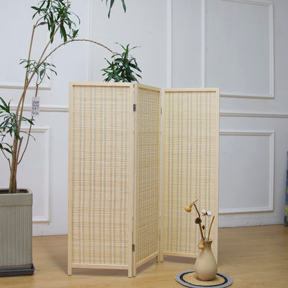 Furnnylane 3 Panel Bamboo Room Divider Short Folding Screen Divider,Double Sided Bamboo Divider Screen for Room Separation,Beige,120 cm H x 117 cm W