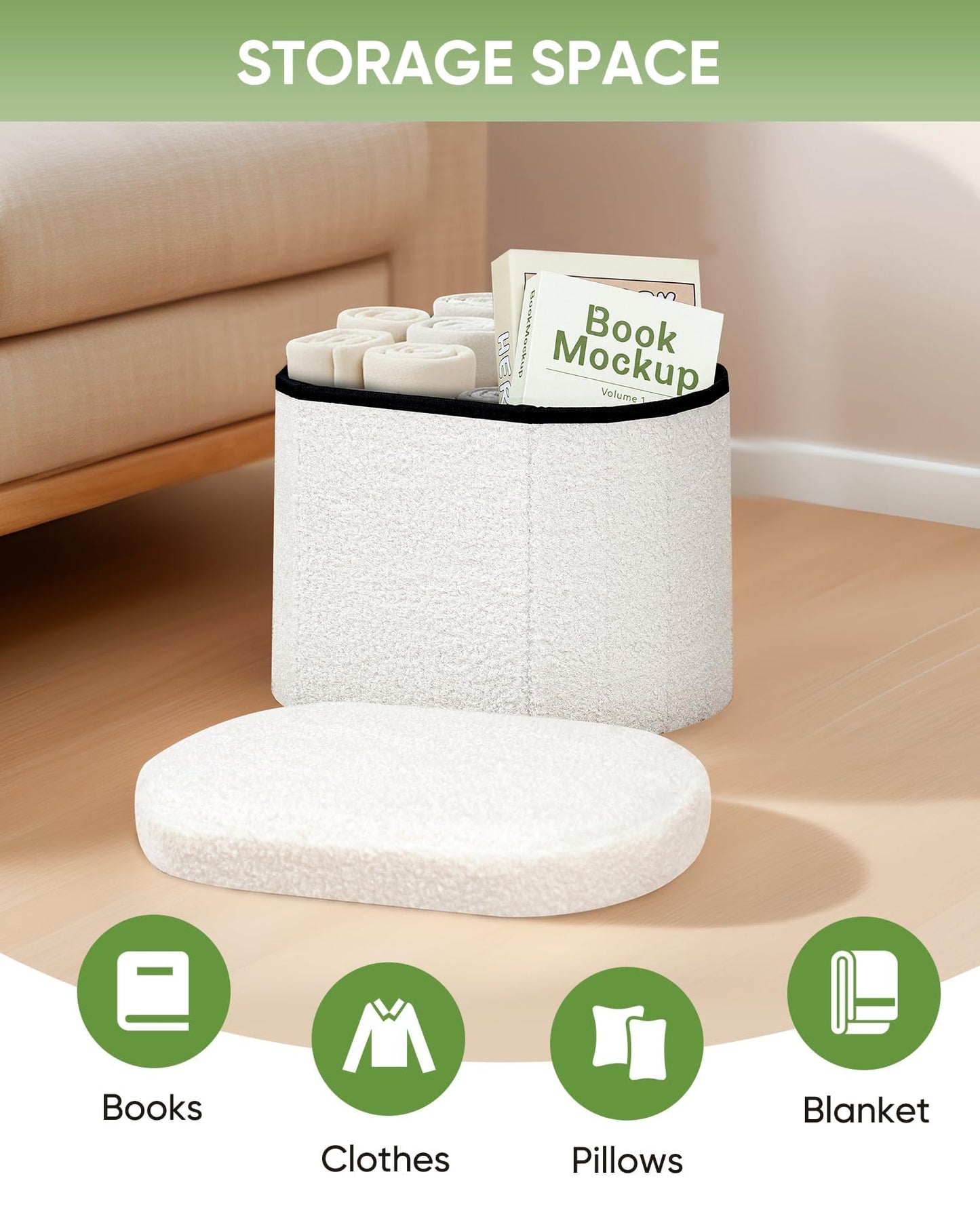 Bonlife Small Ottoman Storage Stool, Folding Boucle Footstool with Lid,41cm