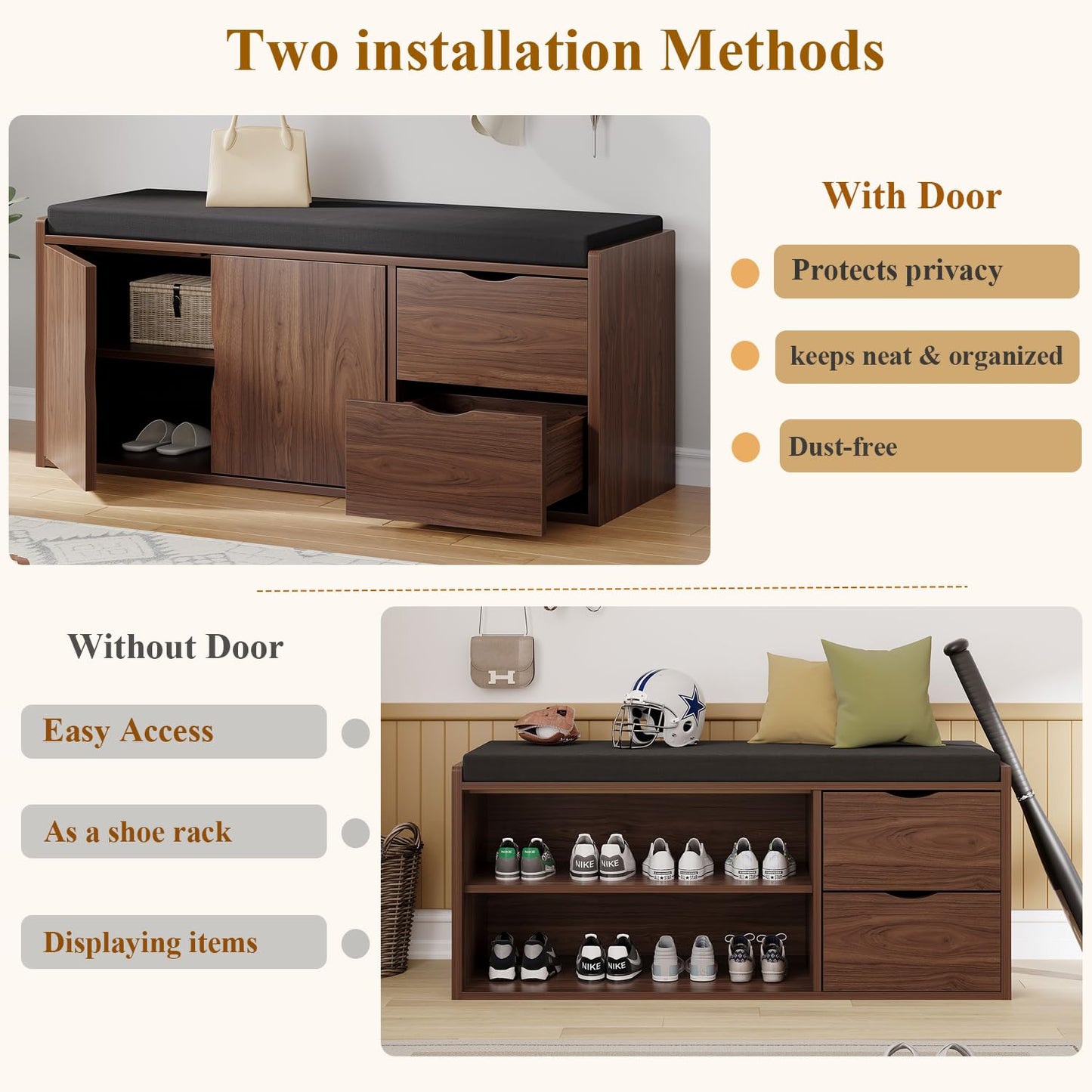 LVB Entryway Storage Bench with Padded Seat Cushion, Wood Hidden Shoe Organizer Bench with 2 Drawers Cabinet