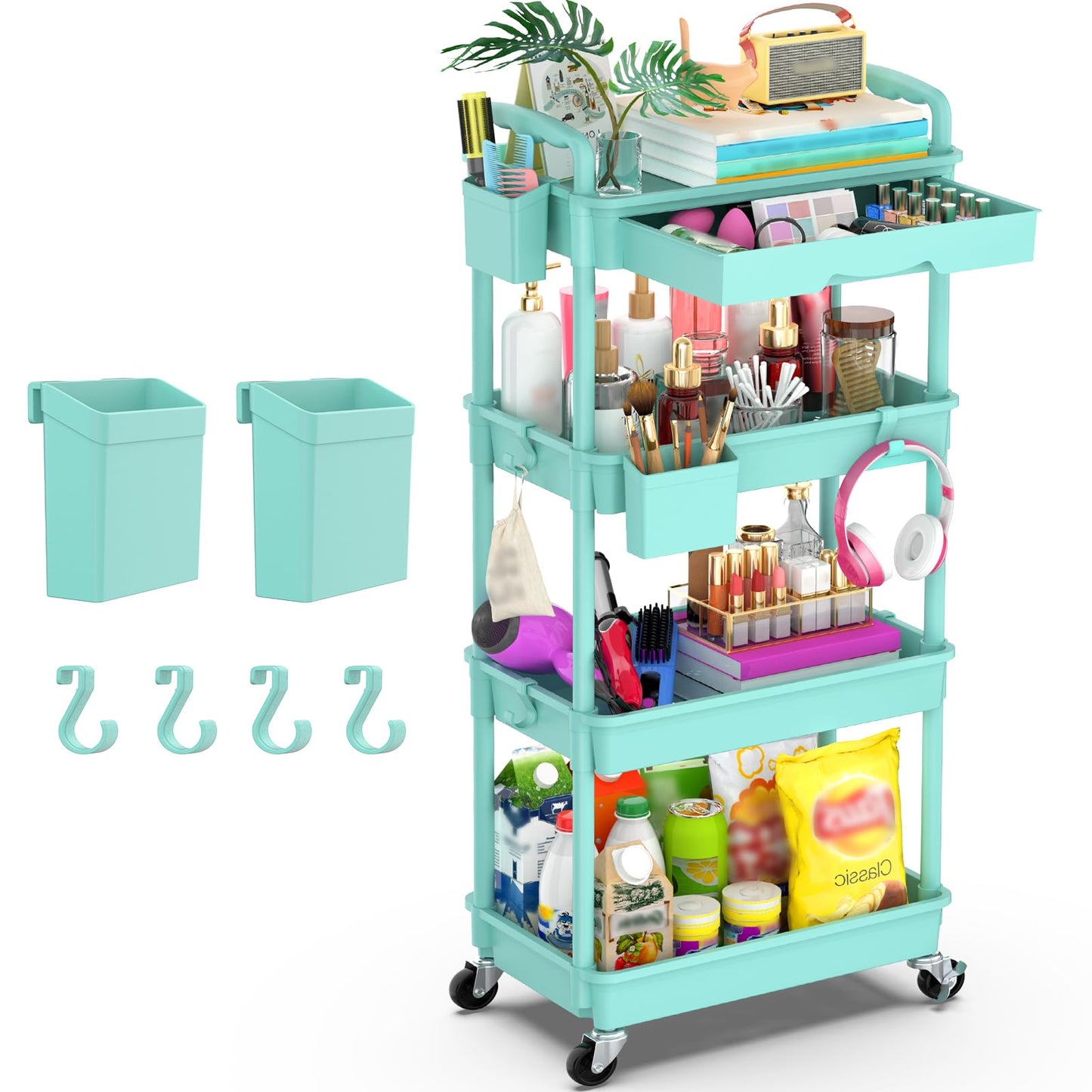 Yeabett 4 Tier Craft Trolley, Storage Trolley On Wheels Utility Cart With Drawer For Kitchen, Bathroom, Office, Living Room, Blue