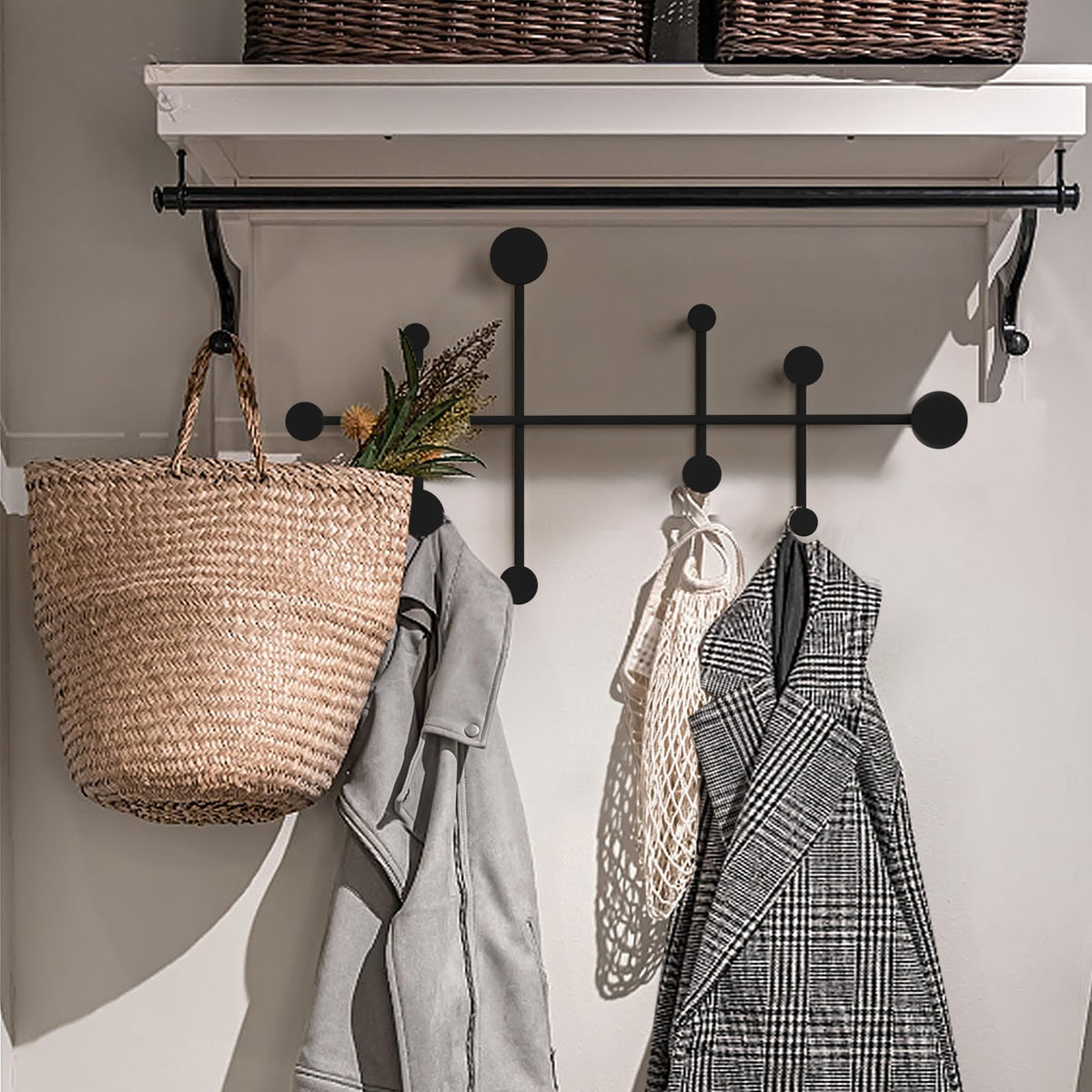 XLSBZ Coat Rack Shelf Wall Mounted,Modern Metal Coat Rack with 10 Hooks,Coat Hanger Wall Hooks for Clothe, Shats, Scarves Black