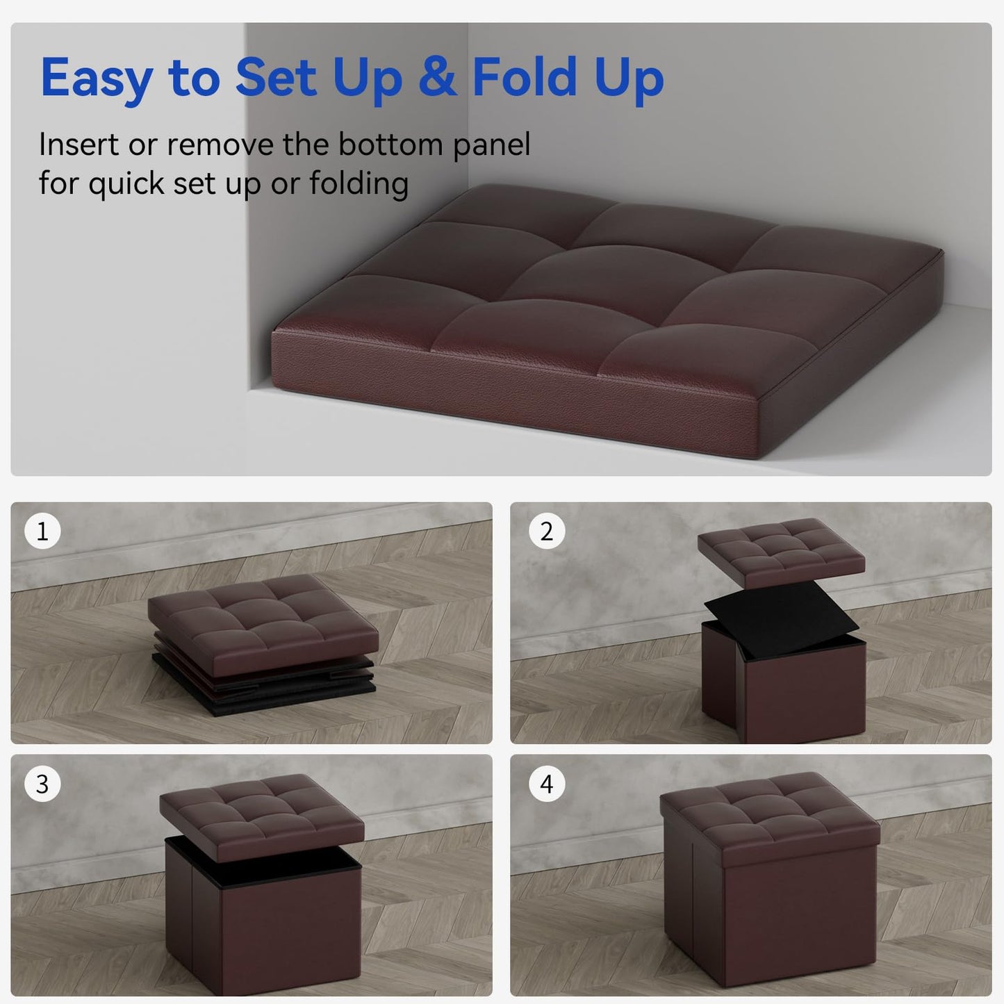BRIAN & DANY Folding Storage Ottoman, Faux Leather Cube Foot Rest Stool with Cover, Storage Chest with Highly Elastic Sponge Filling, Brown