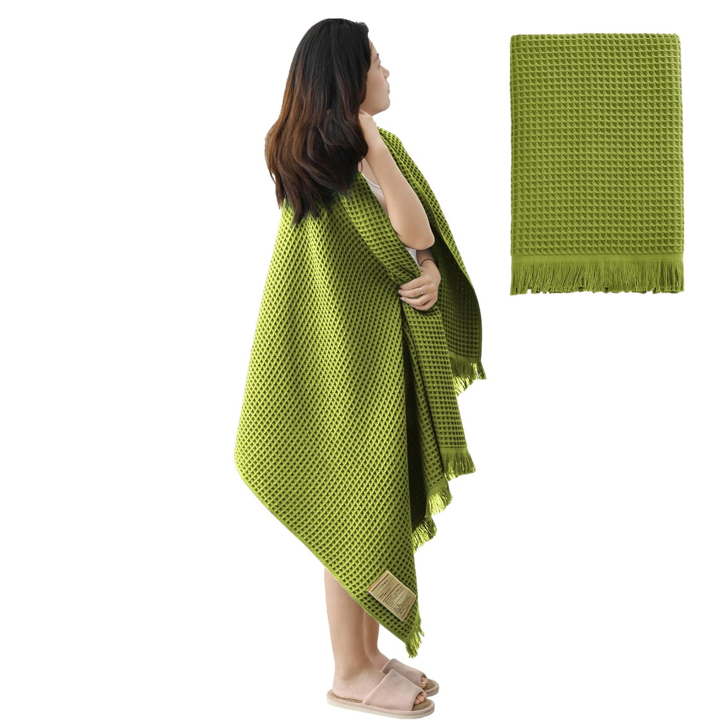 Jamron Pure Cotton Waffle Bath Towel Quick Dry Soft 180x90cm Large Bath Sheet Tassel Shawl SN079108 Green