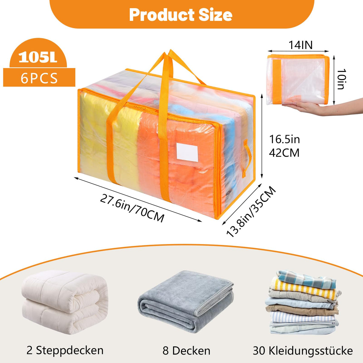 Dntorx 6 Pack 105L Moving Bags Clothes Storage Bags Drom Packing Box, Orange