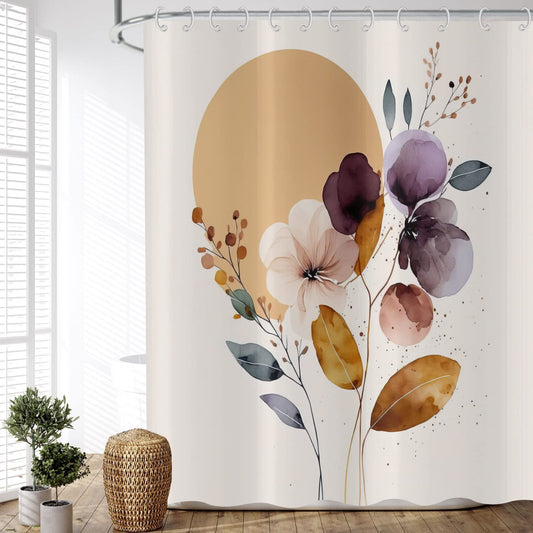 ASDCXZ Shower Curtain Boho Style 180x200 cm, Modern Abstract Art Hand Painted Rose Purple Flower Leaves Sun Beige Washable Shower Curtains Textile