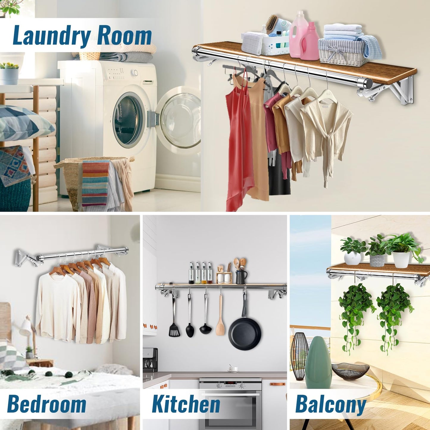 Foldable Wall Mounted Clothes Rack-44'' Long Rod&2 Bases,Stainless Steel, Heavy Duty,Detachable,Multi-Purpose for Space-Saving Garment Rack/Clothes