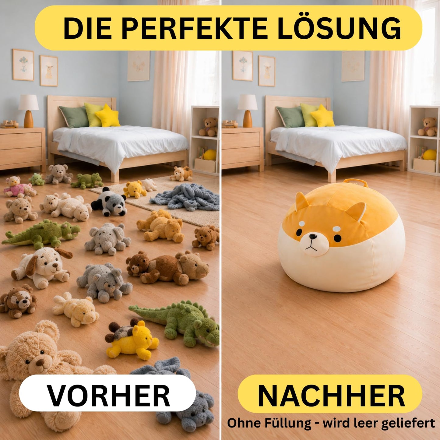 ELOVIA Soft Toy Storage Ottoman, No Stuffing Cover, Shiba Design, Toy Organizer for Kids Room, with Zipper (Shiba Beige)