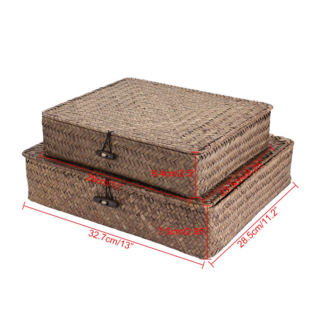 Sumnacon Set of 2 Seagrass Storage Basket Handmade Weave Hamper Wicker Box Chest with Lid & Lock Coffee