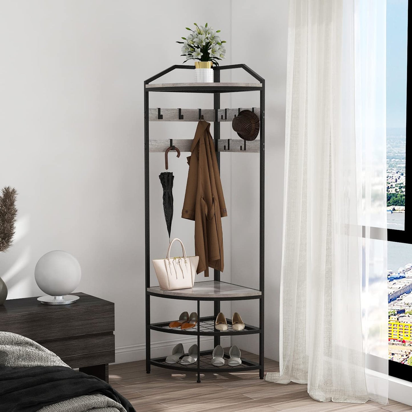 VEDECASA Corner Hall Tree Coat Rack with Shoe Bench and Storage Shelf 4-Tier Freestanding Entryway Corner Organizer with 10 Metal Movable Hooks and