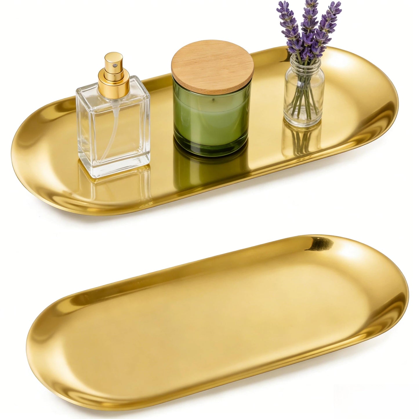 HAFRILY 2Pcs Oval Trinket Dish Stainless Steel Gold Tray Elegant Retro Jewellery Perfume Storage Decorative Tray Small Cosmetics Trays for Bedroom