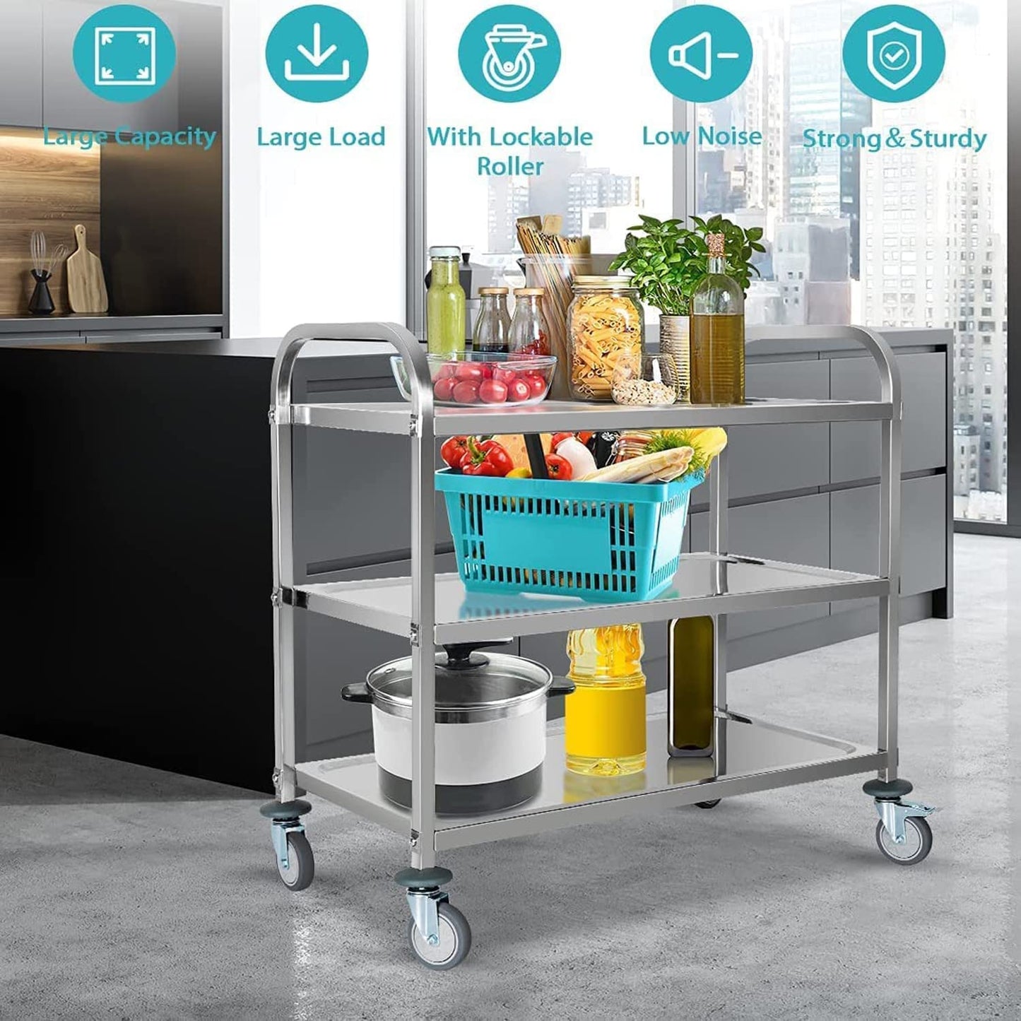 ybaymy 3 Tier Stainless Steel Trolley 750x400x835mm Kitchen Utility Cart Catering Storage Trolley with Locking Wheels for Kitchen,Hotels,Restaurants