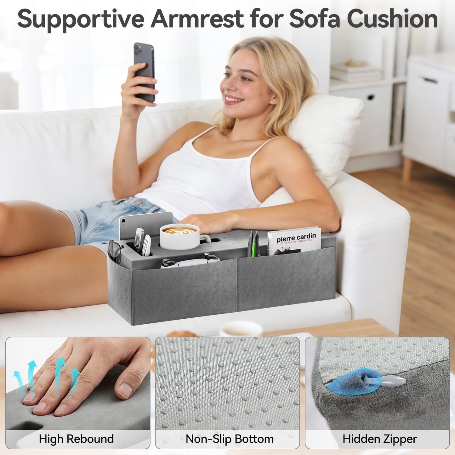Heyife Couch Armrest Caddy with Cup Holder, Portable Sofa Armrest Pillow Drink Holder Table Tray with 5 Large Side Storage Pockets
