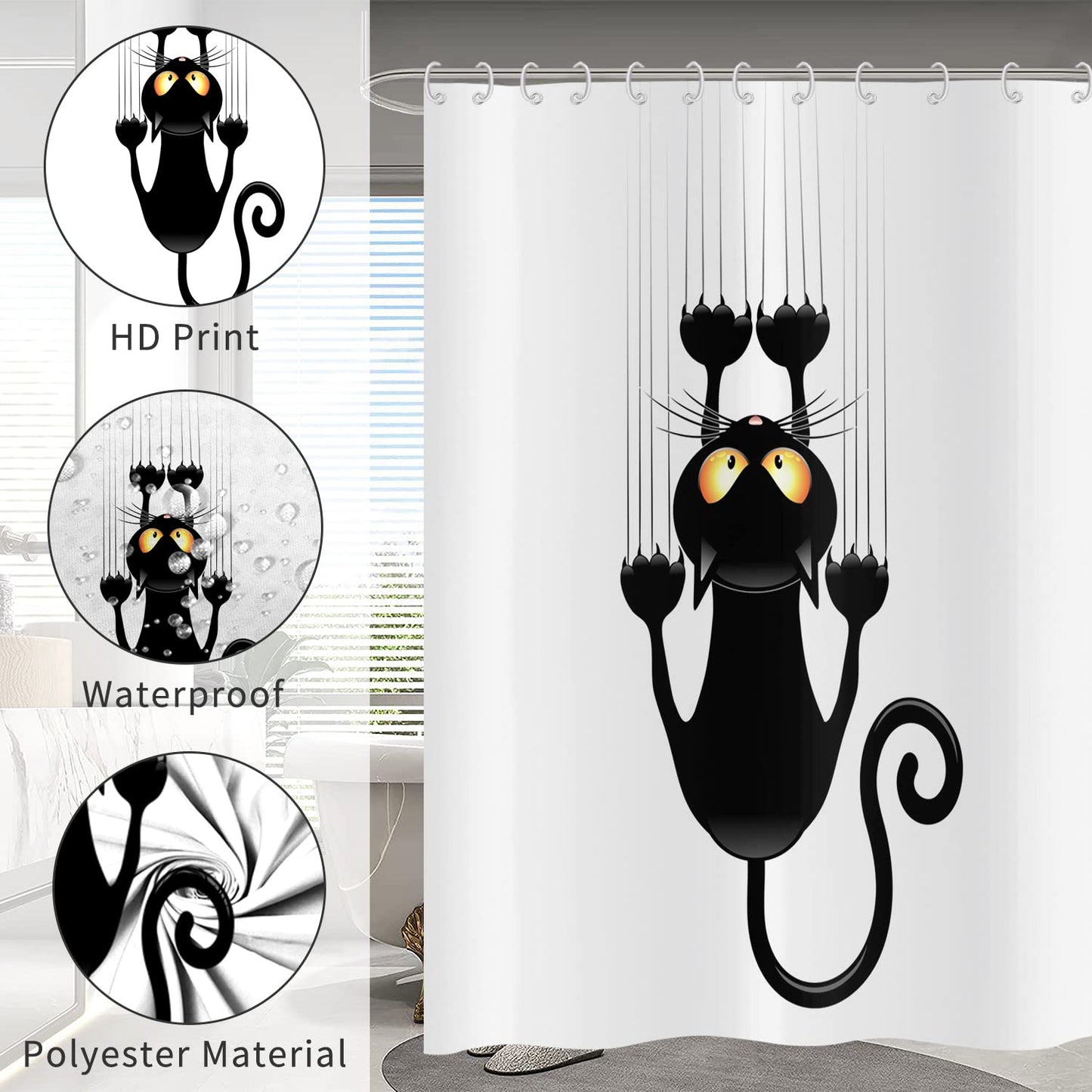 Hnmdmyi Funny Cat Shower Curtain 180x180, Black Kitten Scratching the Wall Bathroom Curtains Kids Cute Cartoon Animal Black and White Minimalism Art