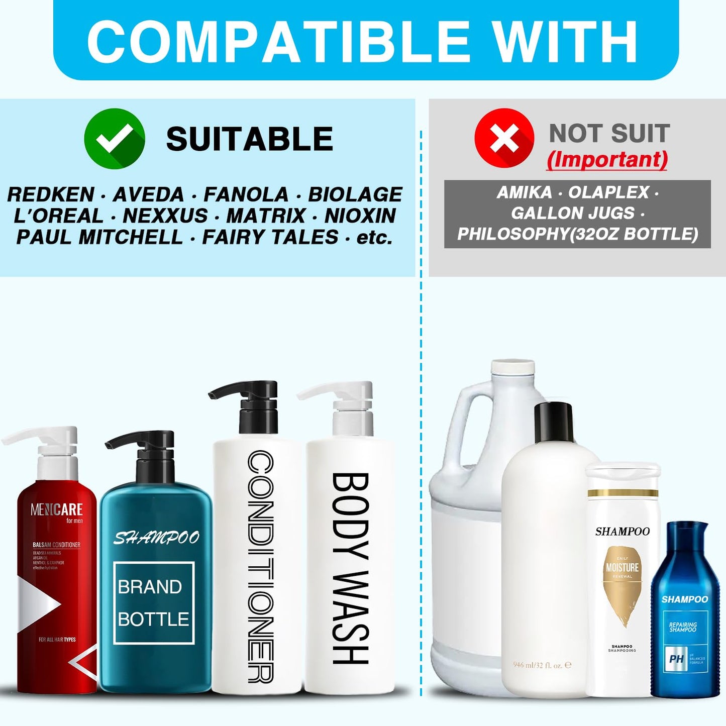 DupakSYS 4 pcs Shampoo and Conditioner Pump for Liter 33.8 oz, Black&White