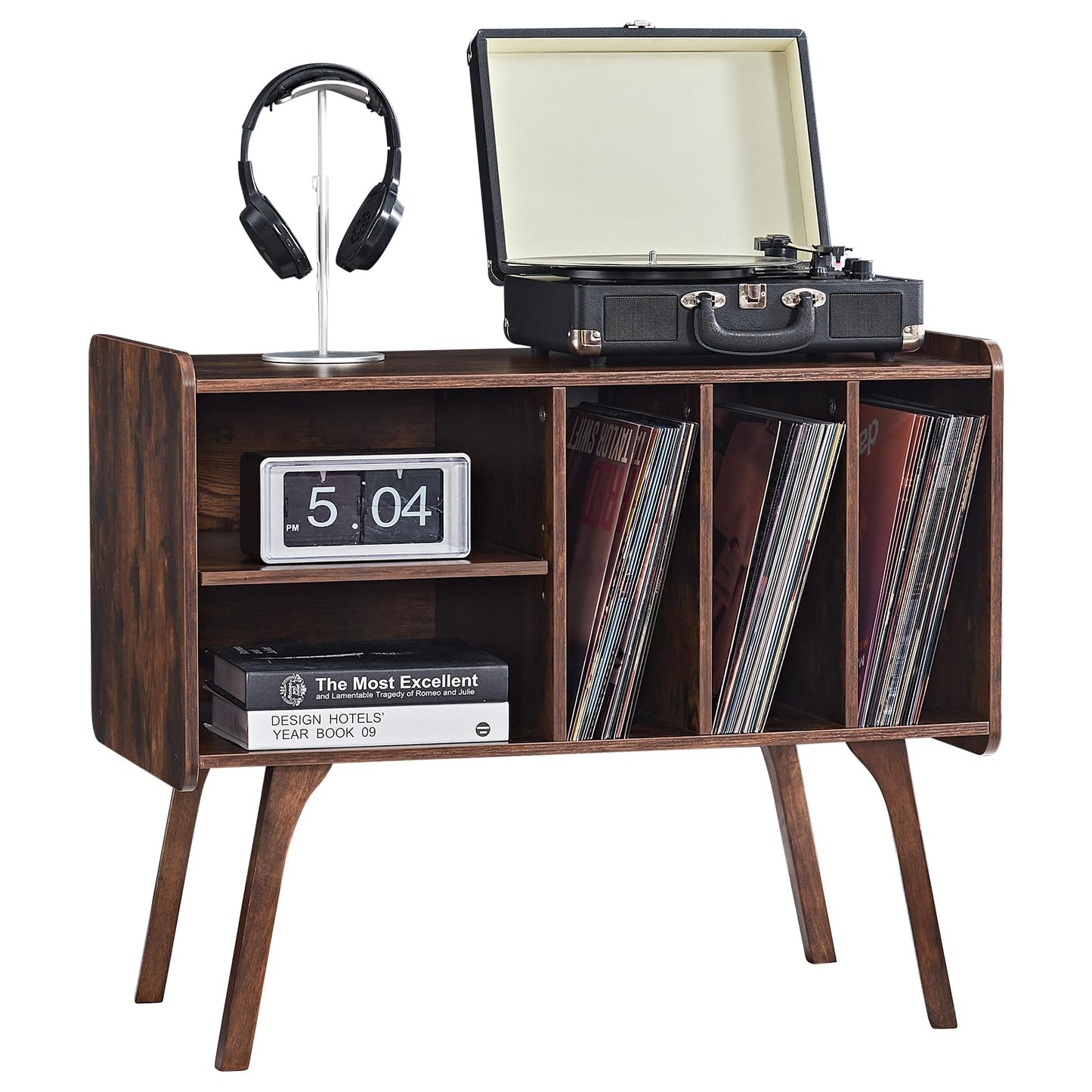 LELELINKY Record Player Stand, 4 Compartments, Holds Up to 220 Records