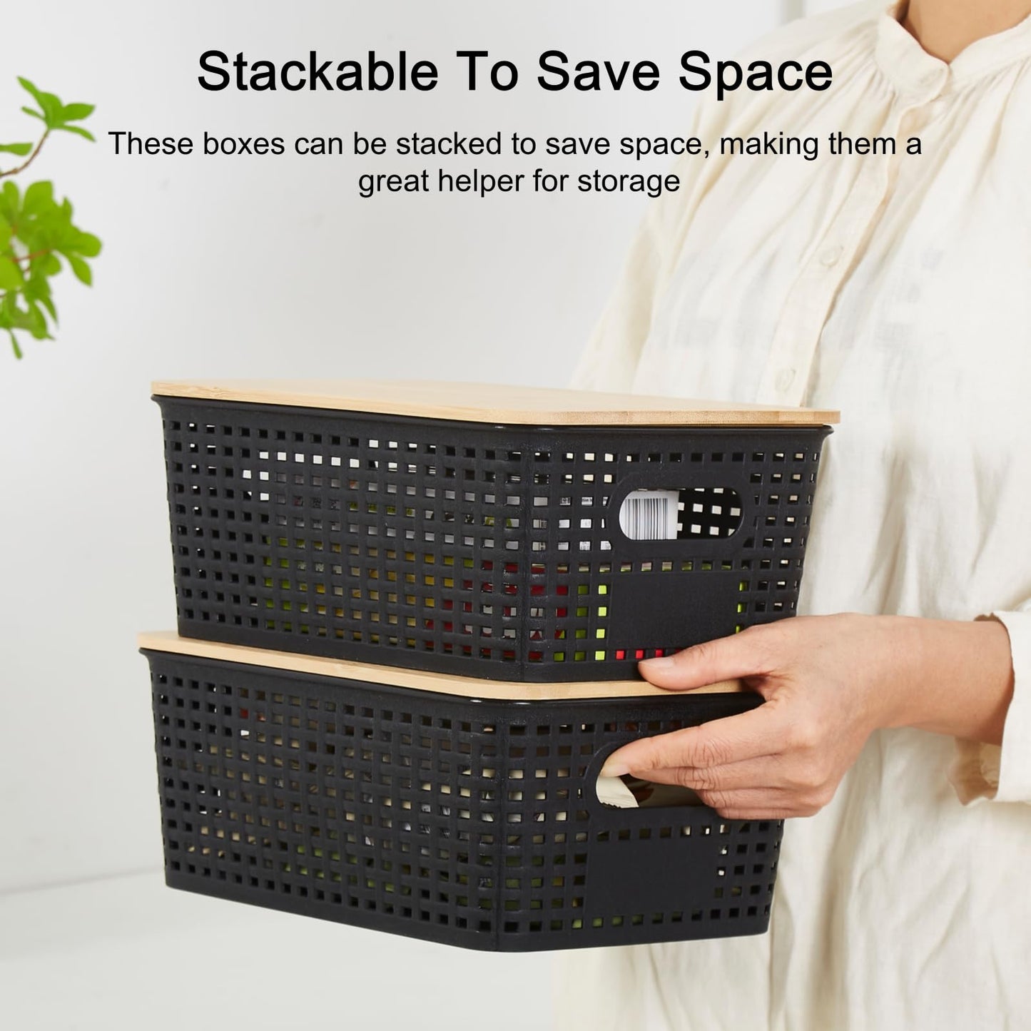 Sagittar Set of 6 Storage Boxes with Bamboo Lid, Imitation Rattan Plastic Storage Basket, Stackable Storage Bins, Ideal for Kitchen, Bathroom, Office