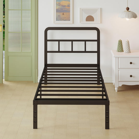 Lutown-Teen 36 cm High European Single Bed Frame 90x200 with Curved Headboard, Heavy Duty Metal Bed Frames Single 3ft with Steel Slats, Storage Space
