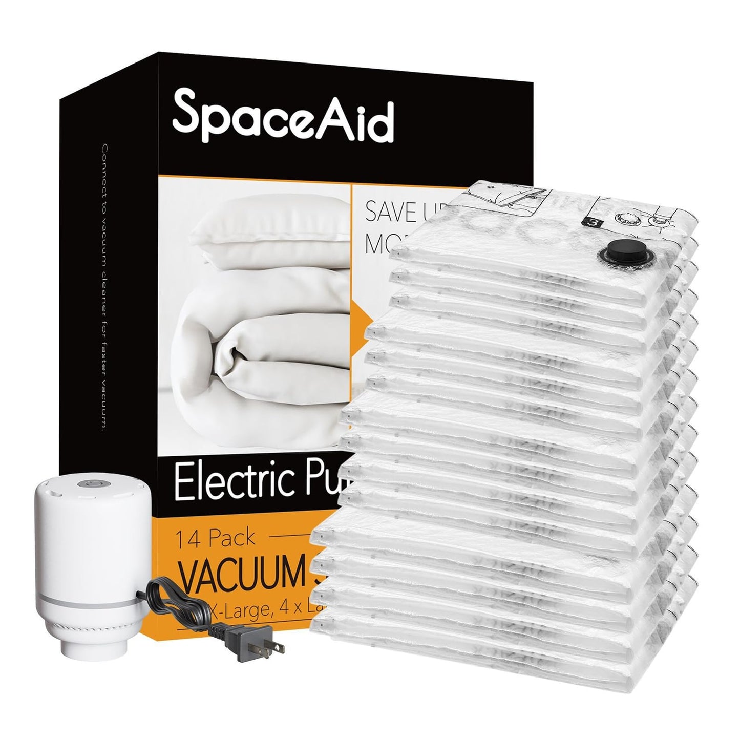 SpaceAid 14 Pack Vacuum Storage Bags with Electric Air Pump, Space Saver Sealer Compression Bags for Comforters, Blankets, Pillows, Bedding, Clothes