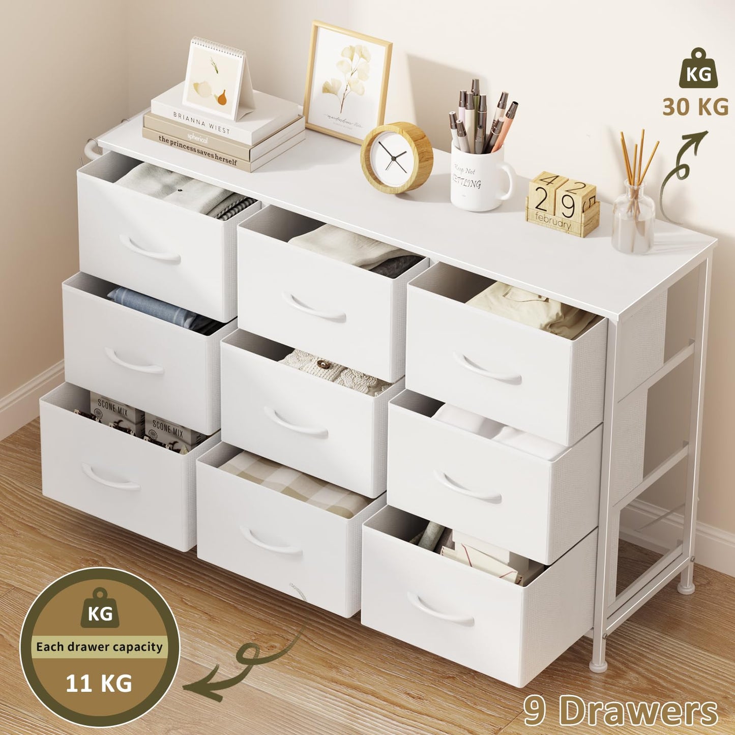 Modern Chest of Drawers 9-Drawer Storage Unit Bedroom White(100x30x65cm)