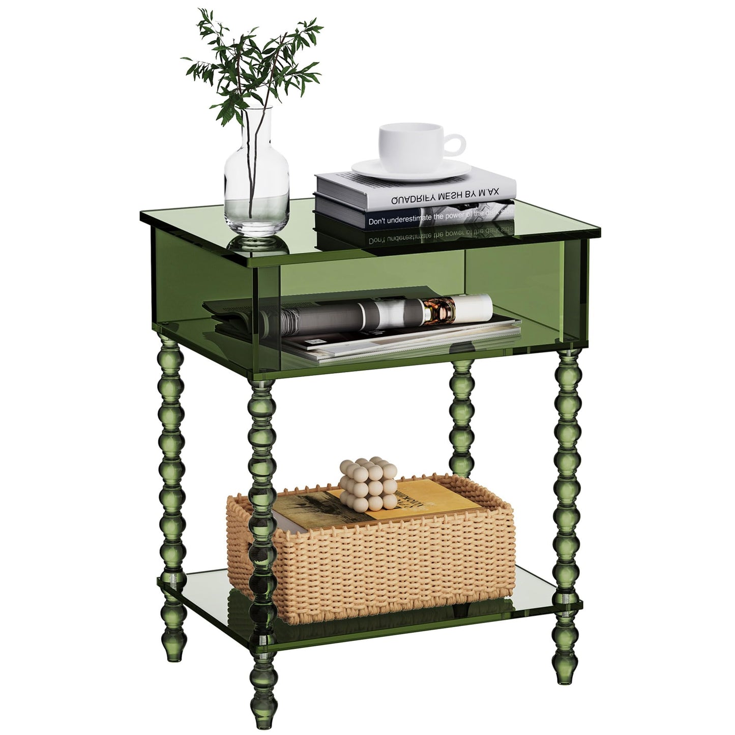 Dewrhiixe Acrylic Side Table, Clear 3-Tier End Table with Storage, Nightstand for Living Room, Bedroom, Office (Green, 40x30x50 cm)