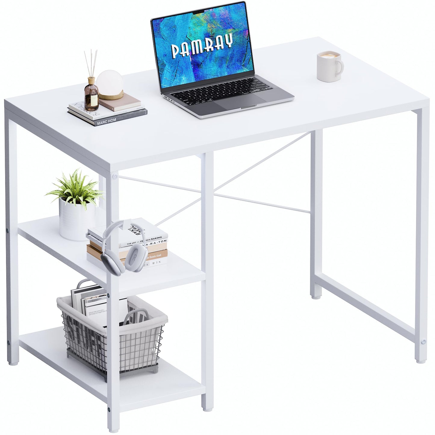 PAMRAY 80 cm Small Computer Desk with Shelves, Home Office Desk with Headphone Hook for Bedroom, Study Writing PC Table for Small Spaces, White