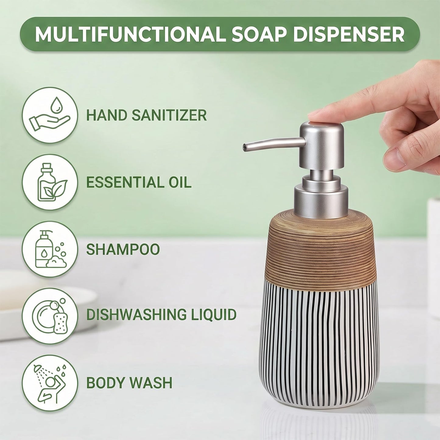 Ceramic Soap Dispenser - 420ml Liquid Dispenser Refillable Hand Lotion Pump Bottles Shampoo Conditioner Shower Gel Dish Detergent Storage Container